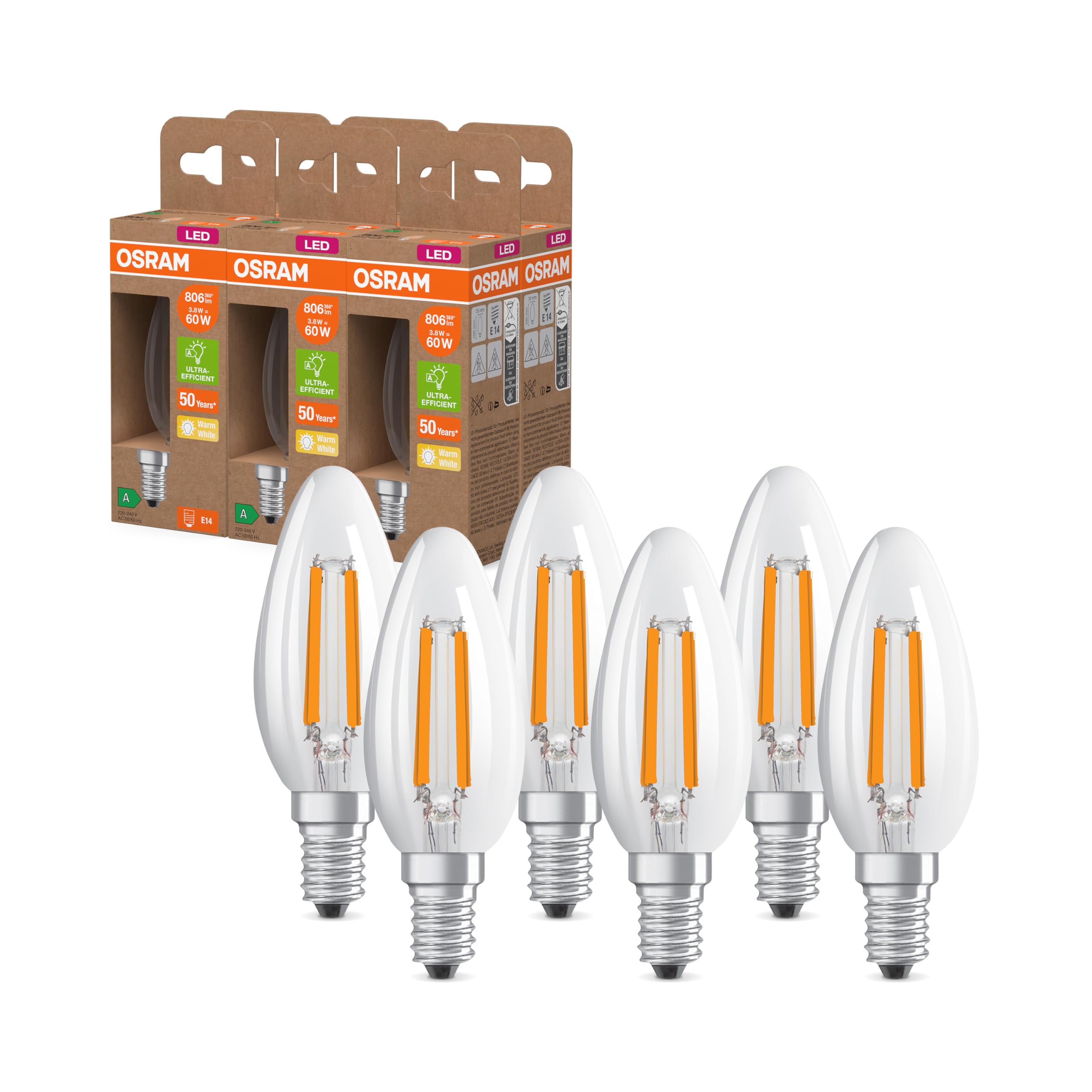 ams OSRAM LED E14 Kerze Klar 40W-Ersatz Warmweiß 3er-Pack
