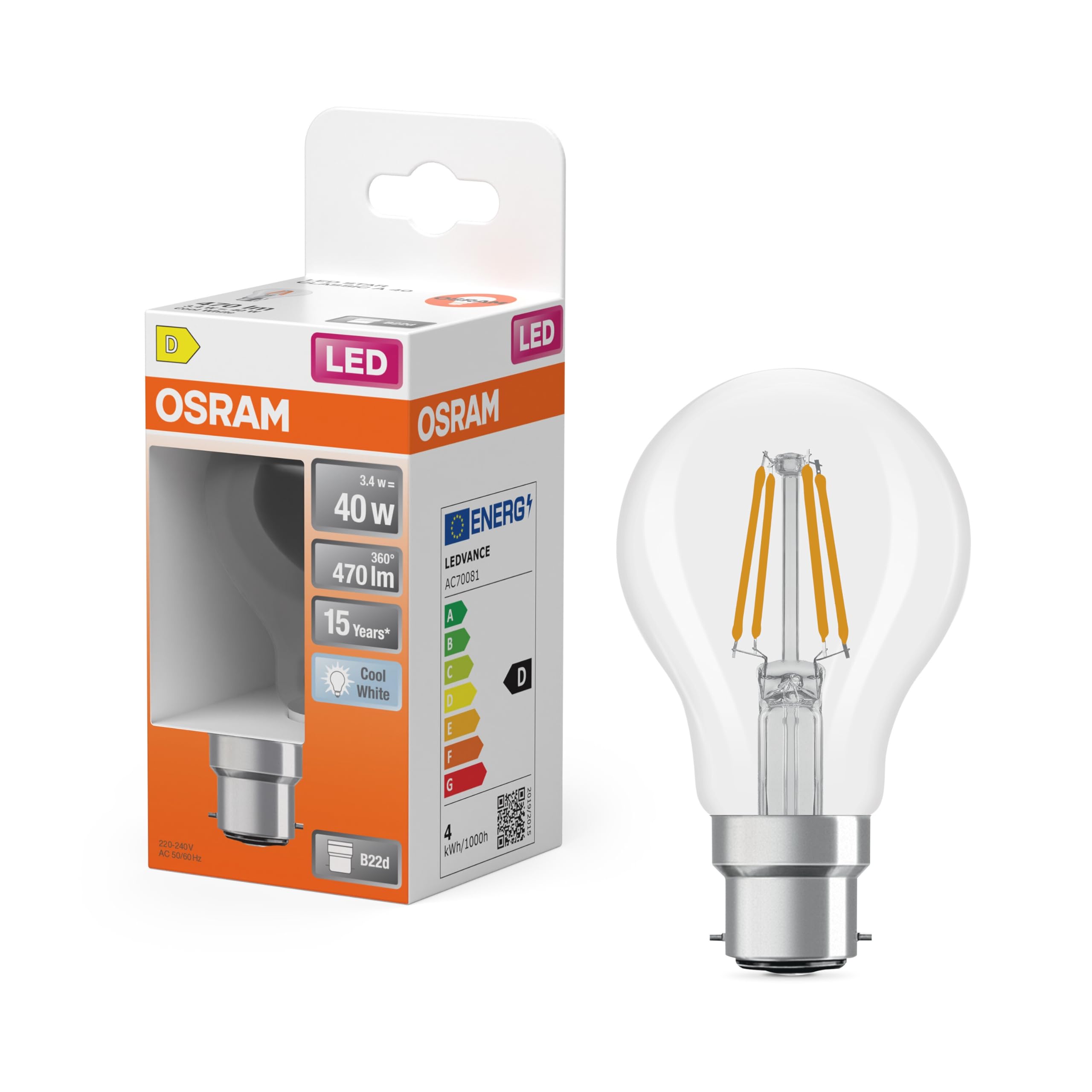 ams OSRAM Star A 40 Filament LED-Birne B22d Klar 1er-Pack 4000K