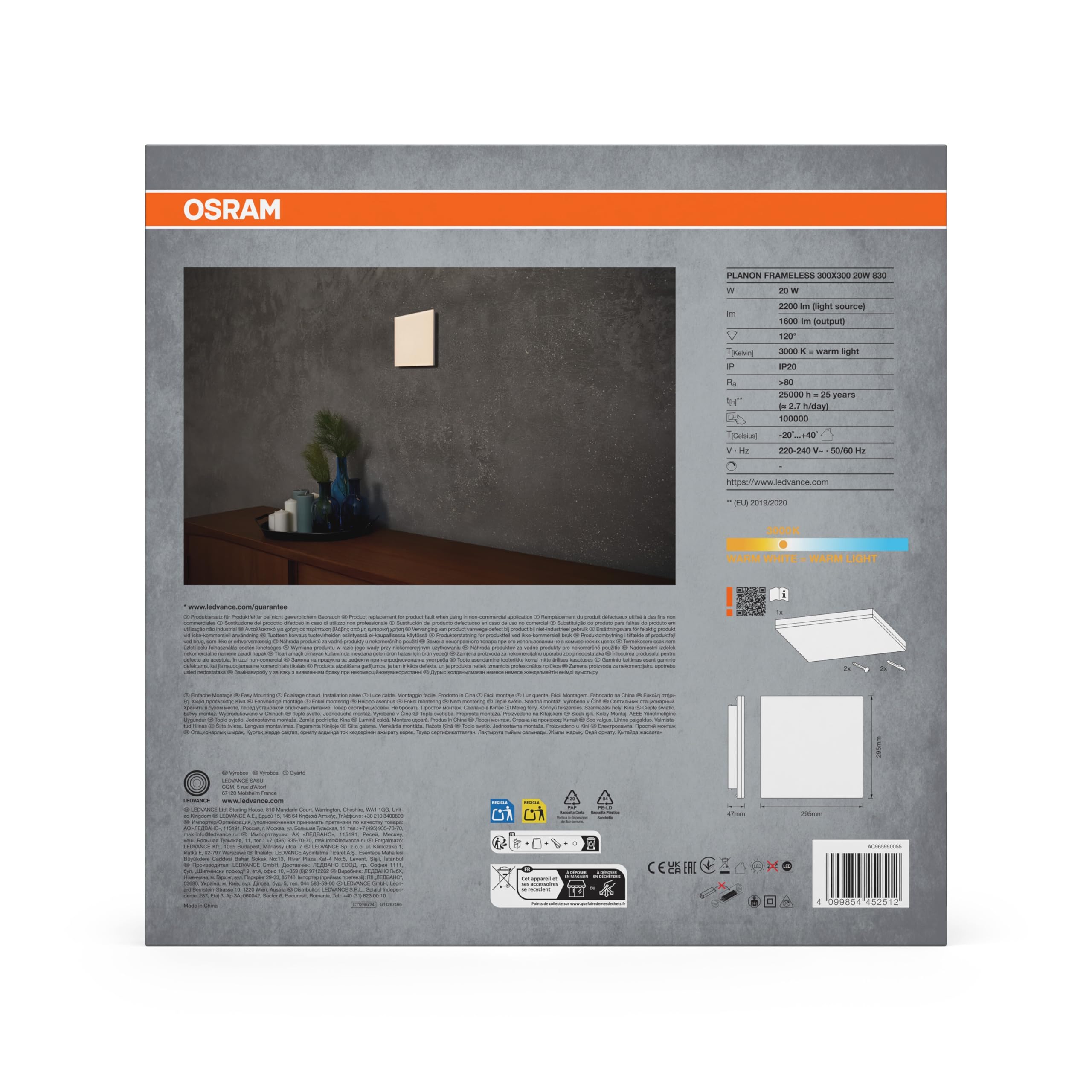 ams OSRAM SMART+ Planon Frameless LED-Panel 30x30 warmweiß