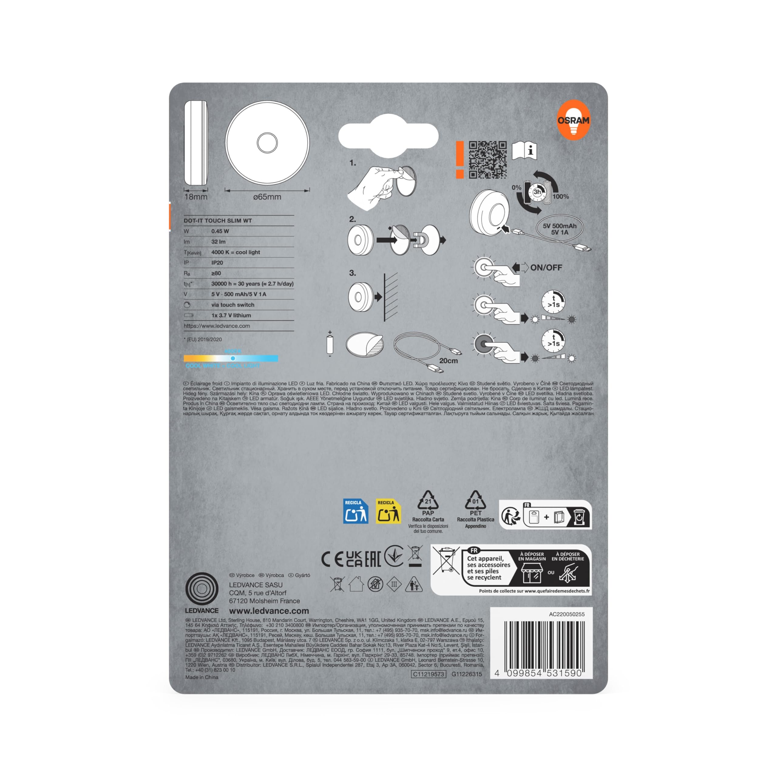 ams OSRAM SMART+ Dot-It Touch Slim LED-Leuchte Weiß USB dimmbar