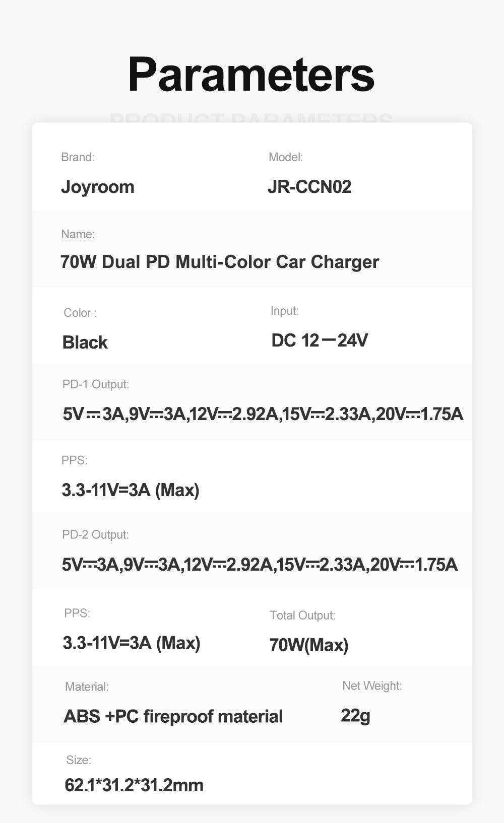 JOYROOM JR-CCN02 70W Dual-PD Autoladegerät Schwarz mit Licht