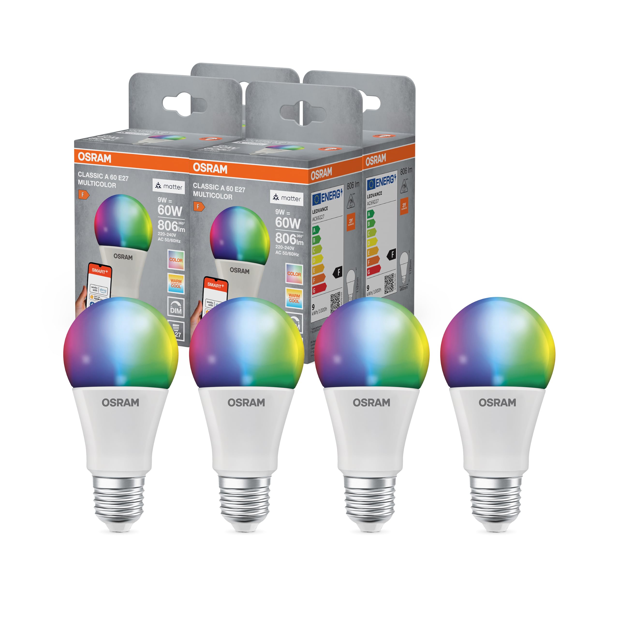 ams OSRAM SMART+ E27 RGBW LED Lampe Alexa Matter 4er-Pack