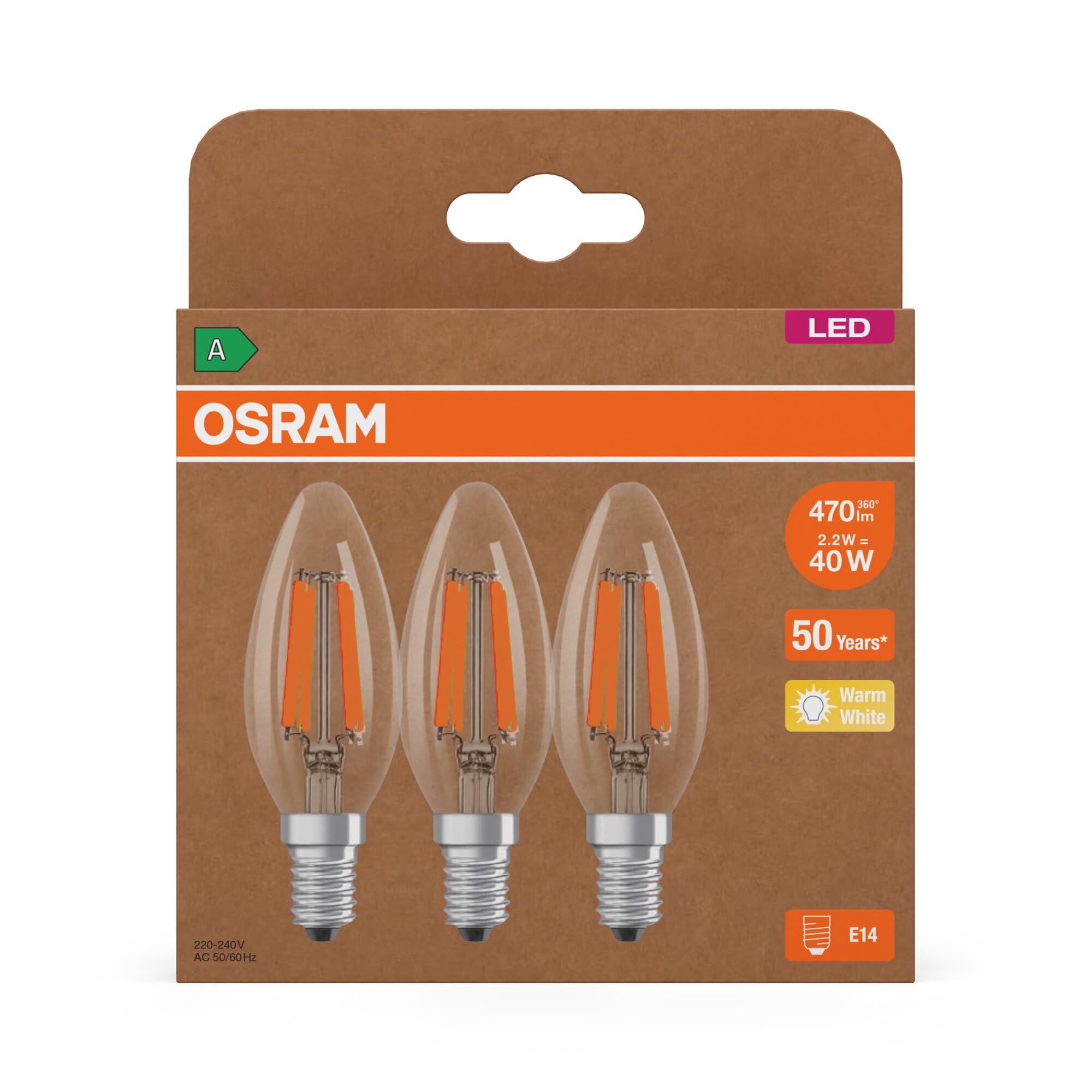 ams OSRAM LED E14 Kerze Klar 40W-Ersatz Warmweiß 3er-Pack