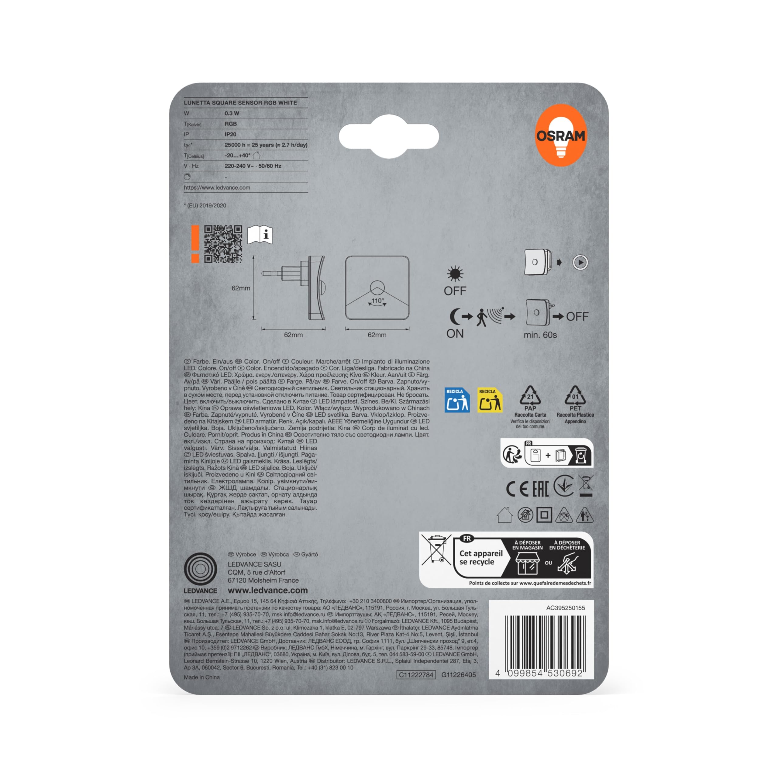 OSRAM SMART+ Lunetta Square Nachtlicht weiß RGB Sensor 0,3W