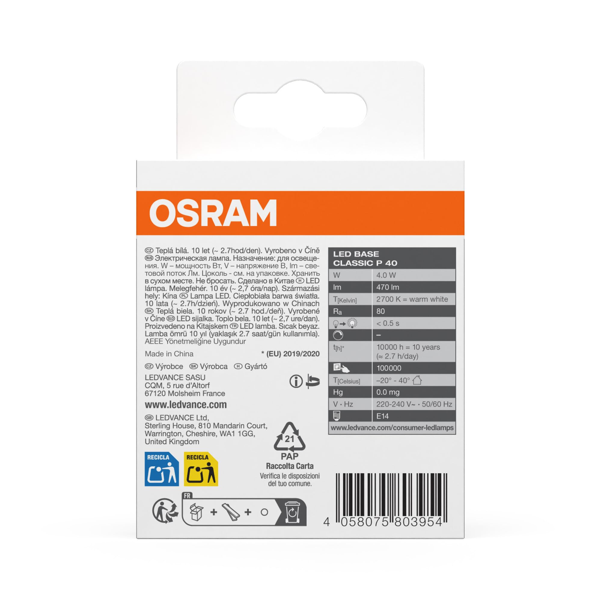 ams OSRAM SMART+ Base Classic P40 E14 Lampe Warmweiß