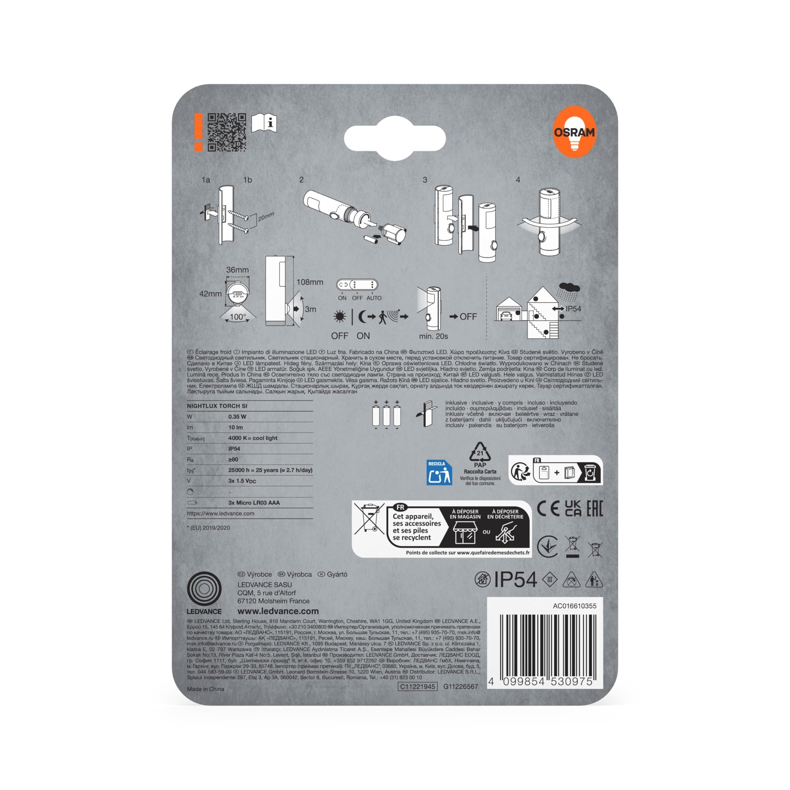 ams OSRAM LED Nachtlicht silber 2in1 mit Bewegungsmelder