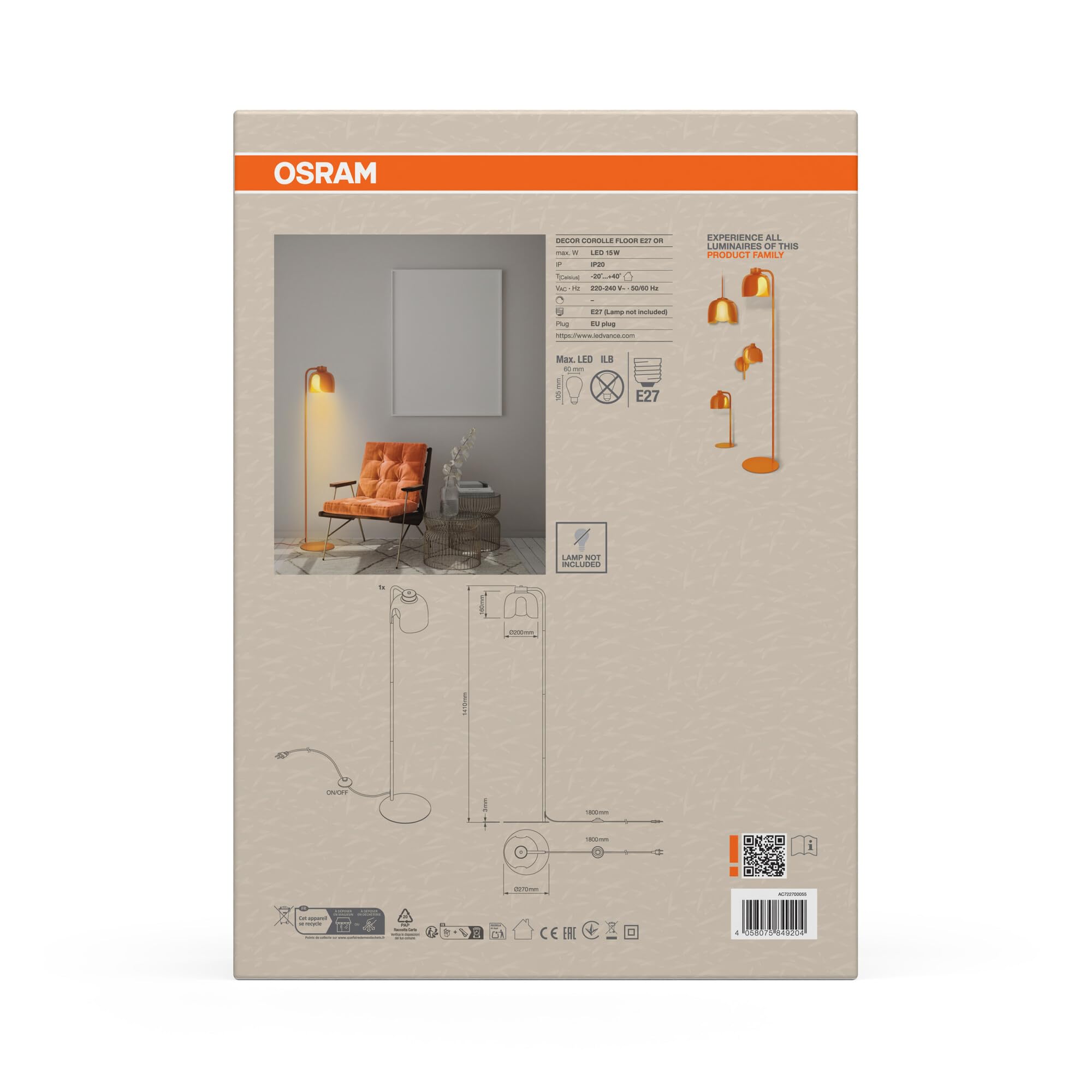 ams OSRAM Decor Corolle Floor Stehleuchte E27 orange Retro