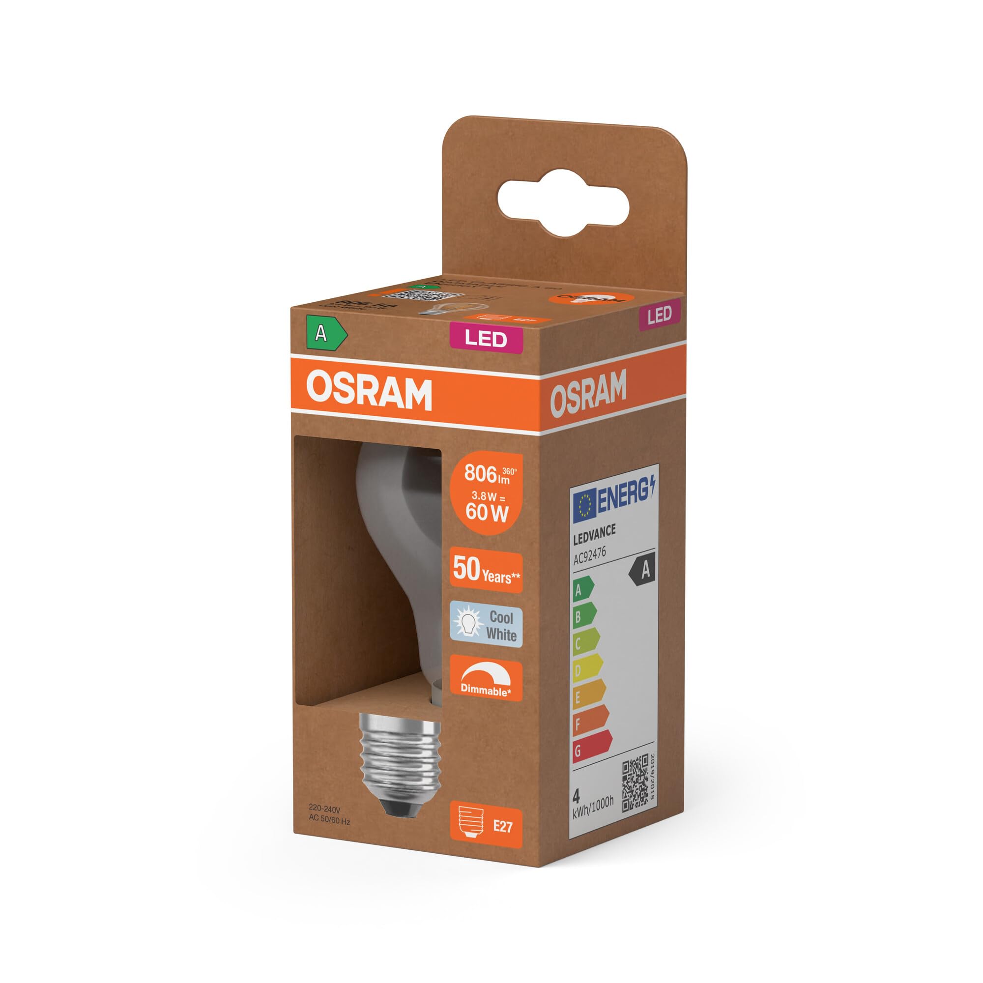ams OSRAM LED Classic A 60 Filament DIM E27 Energieklasse A