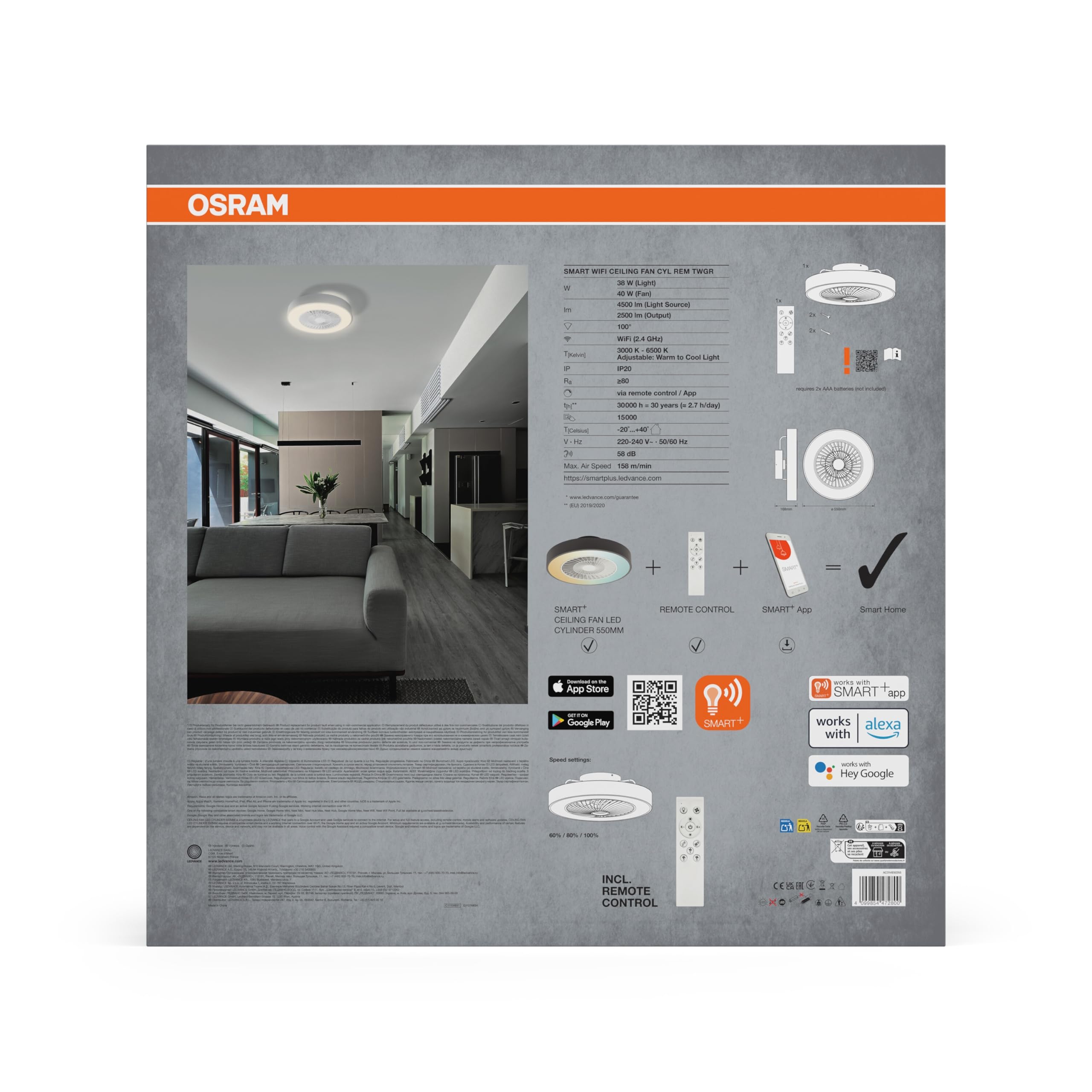 ams OSRAM SMART+ WiFi Deckenventilator Cylinder grau mit Licht