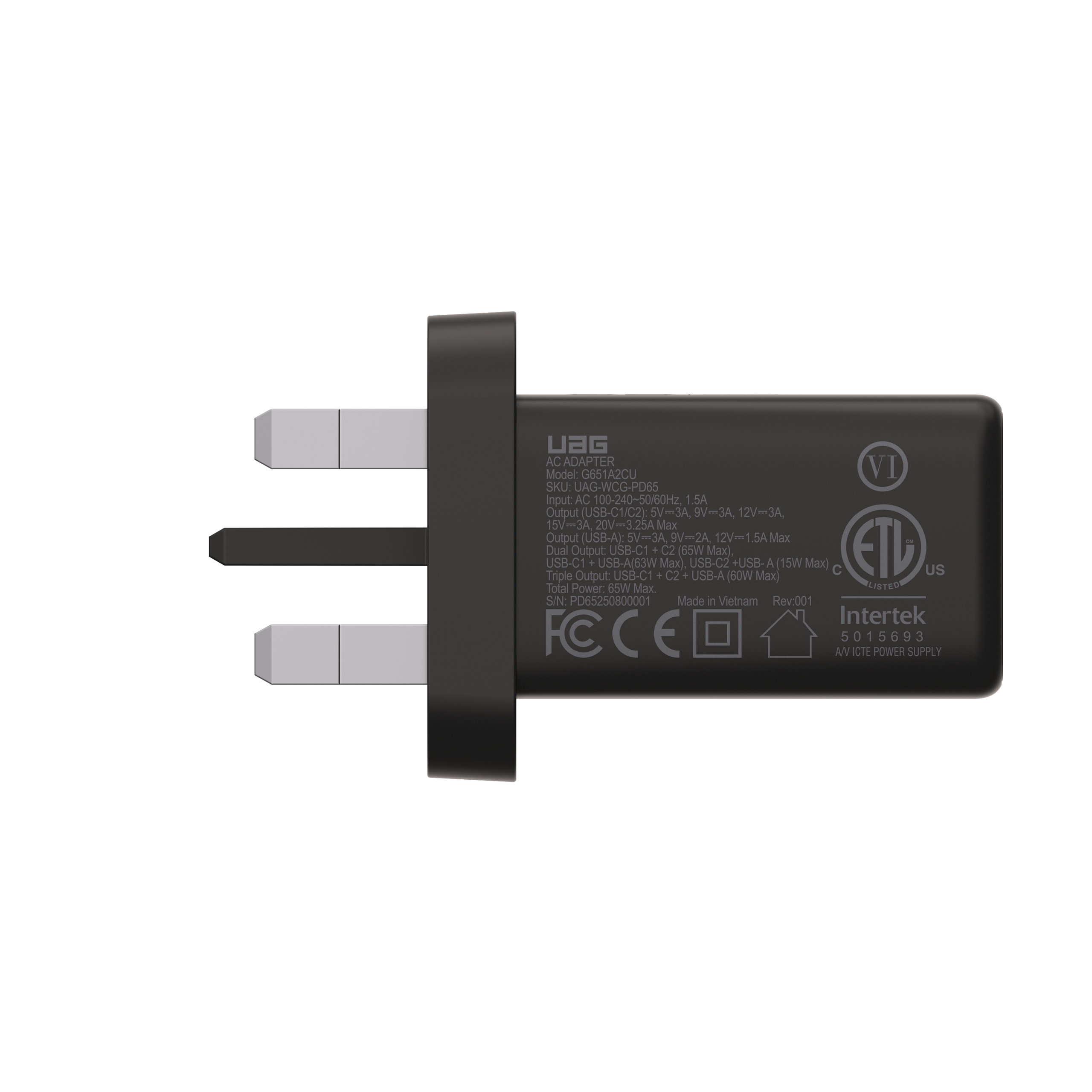 UAG SRGE 65W Wand Ladegerät 3 Port GaN UK Stecker