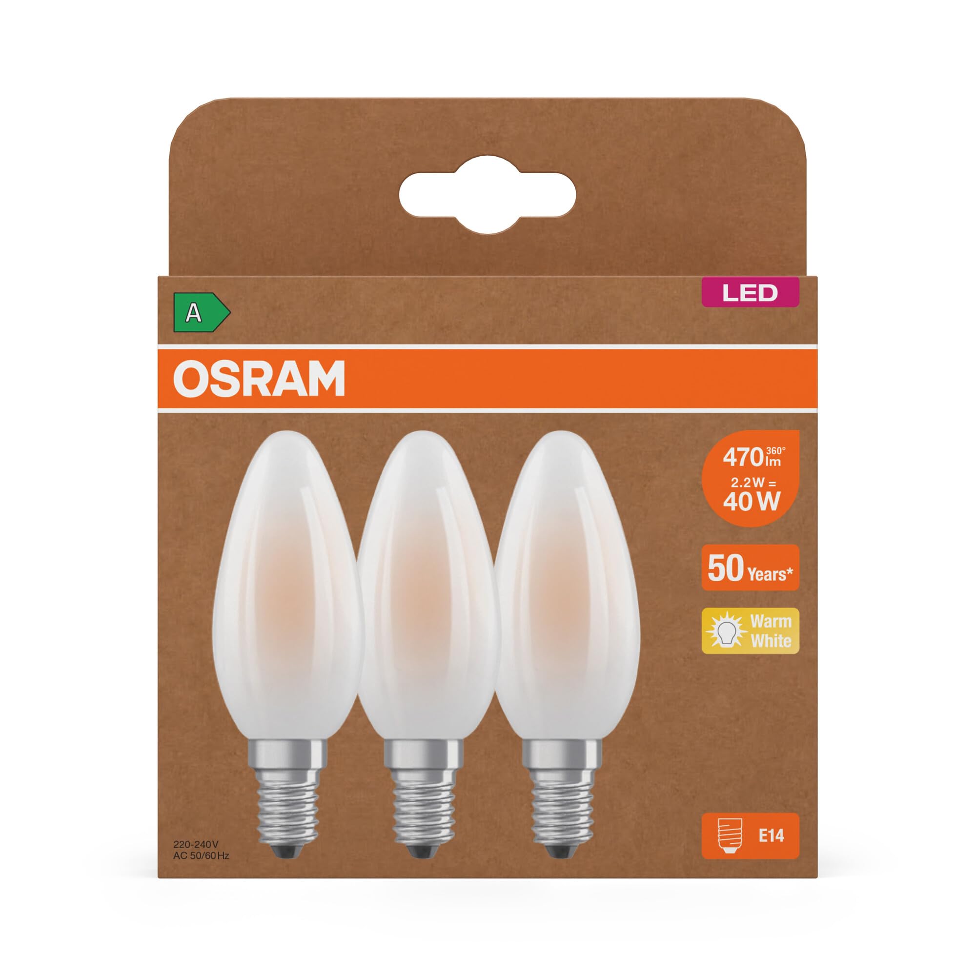 ams OSRAM LED E14 Kerze Matt 40W-Ersatz Warmweiß 3er-Pack