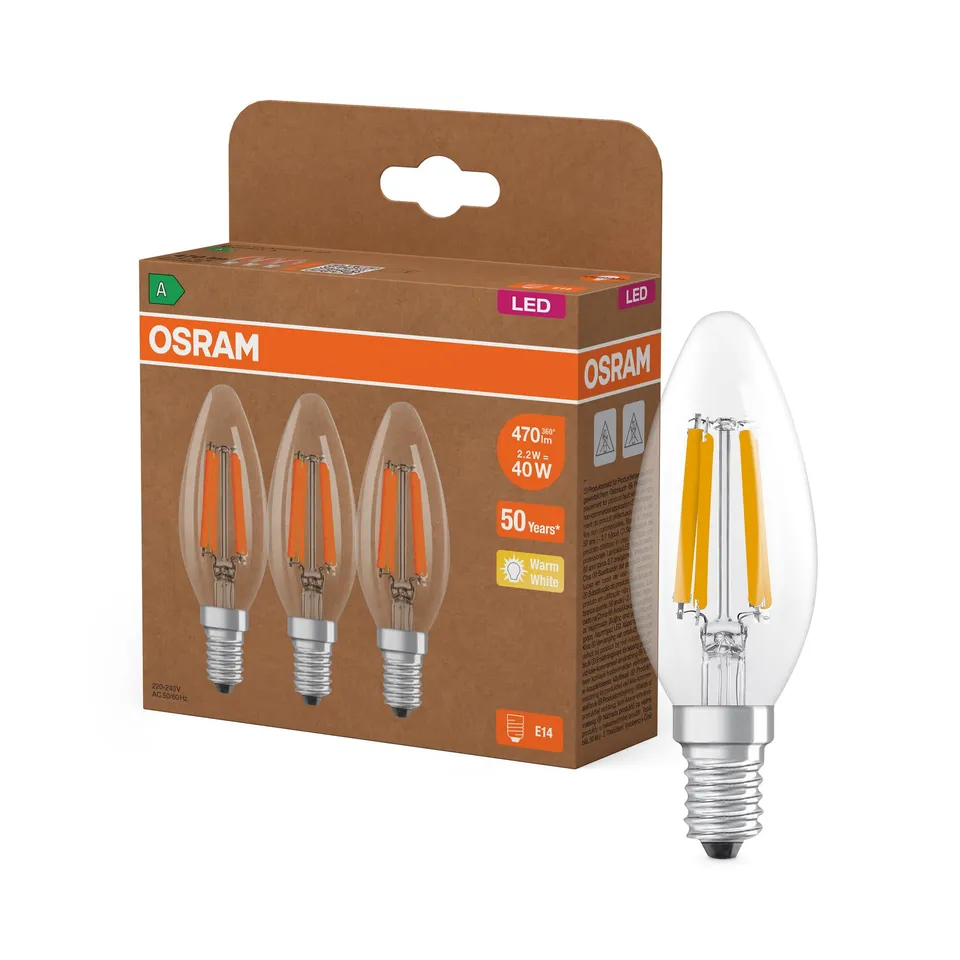 ams OSRAM LED E14 Kerze Klar 40W-Ersatz Warmweiß 3er-Pack