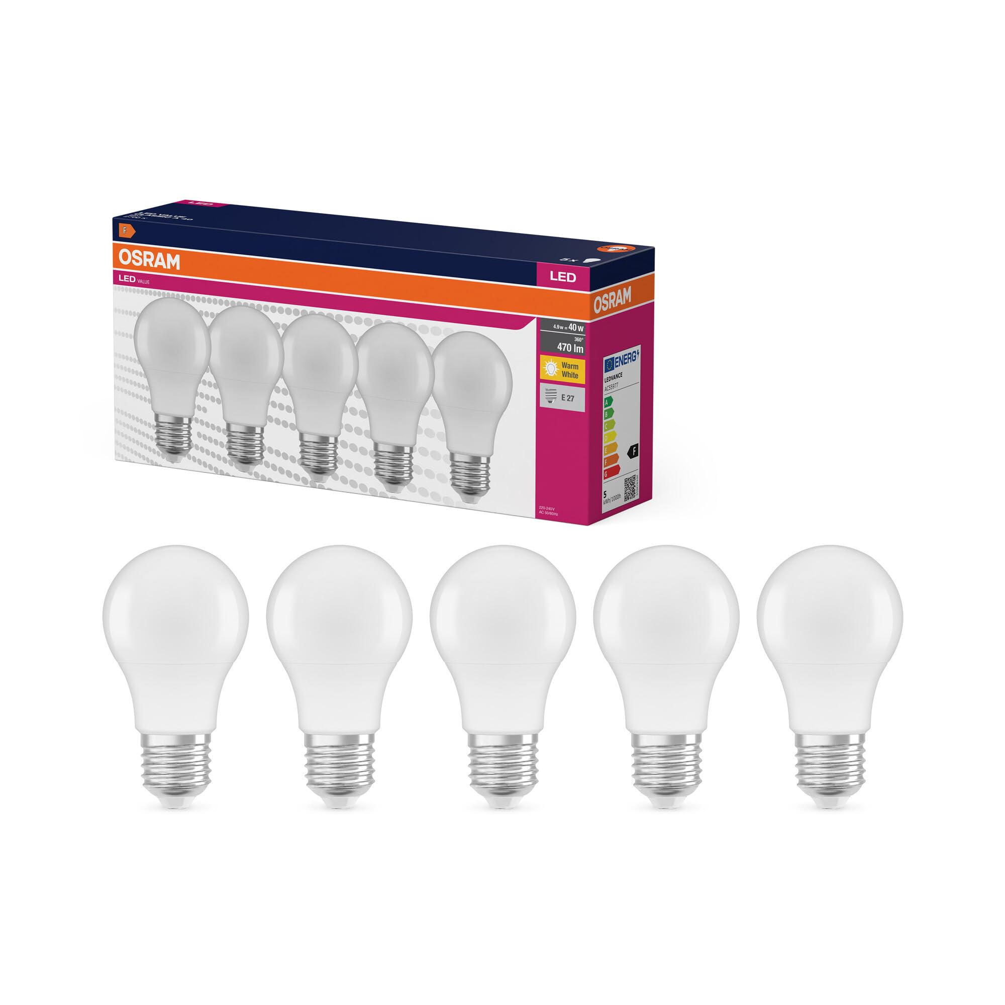 OSRAM Value Classic A40 LED E27 5er-Pack warmweiß matt