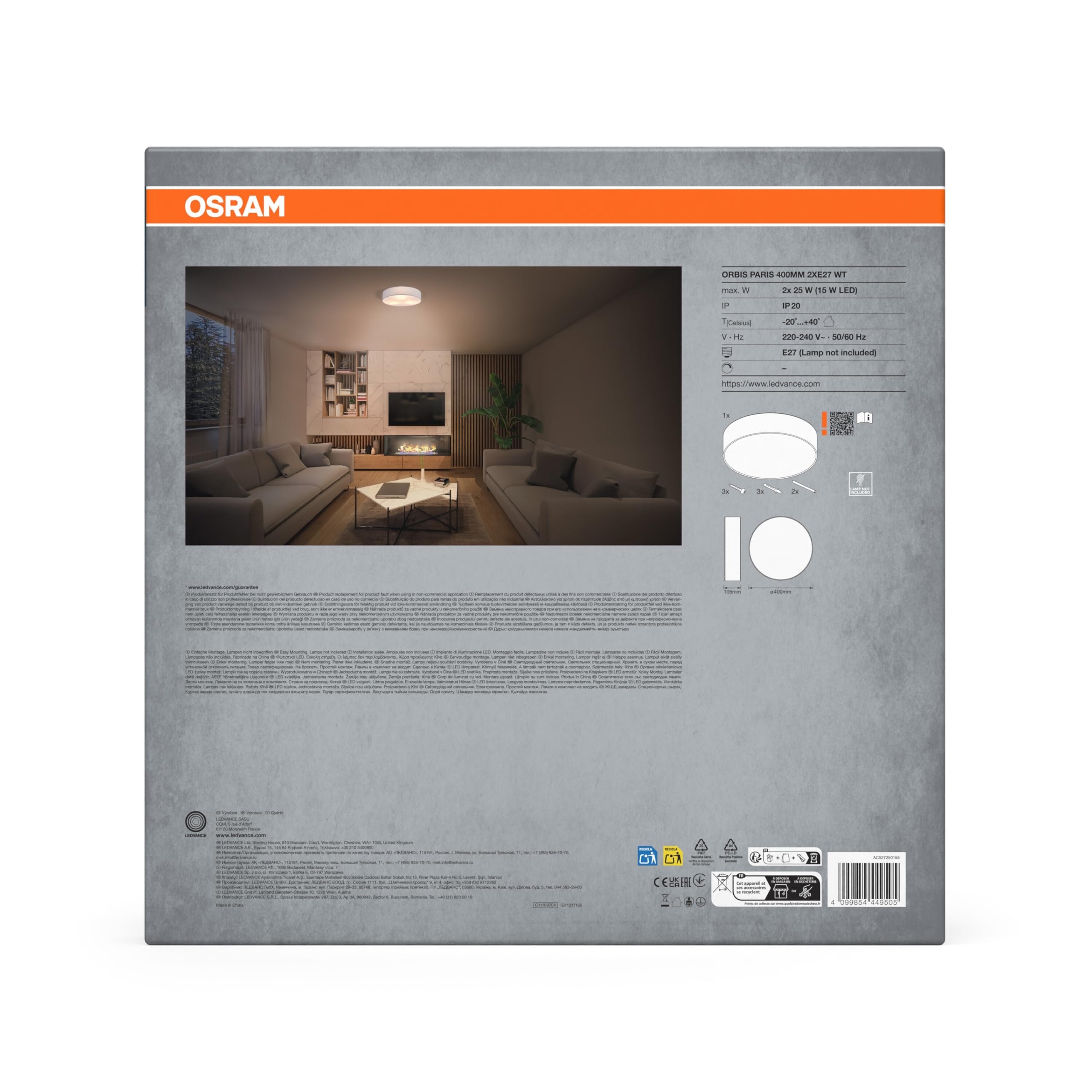 Osram Orbis Paris Deckenleuchte Weiss 40cm E27 Textilschirm