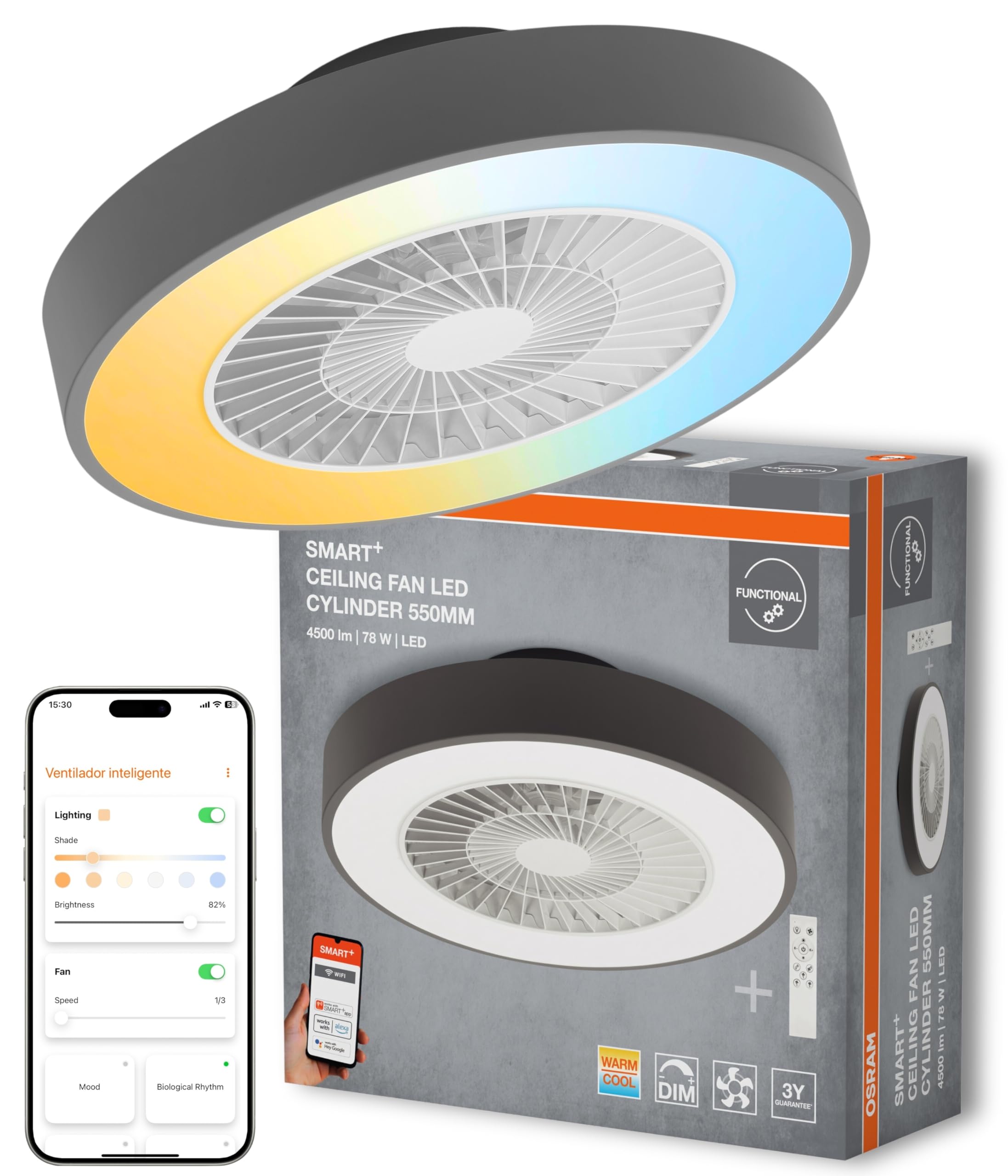 ams OSRAM SMART+ WiFi Deckenventilator Cylinder grau mit Licht