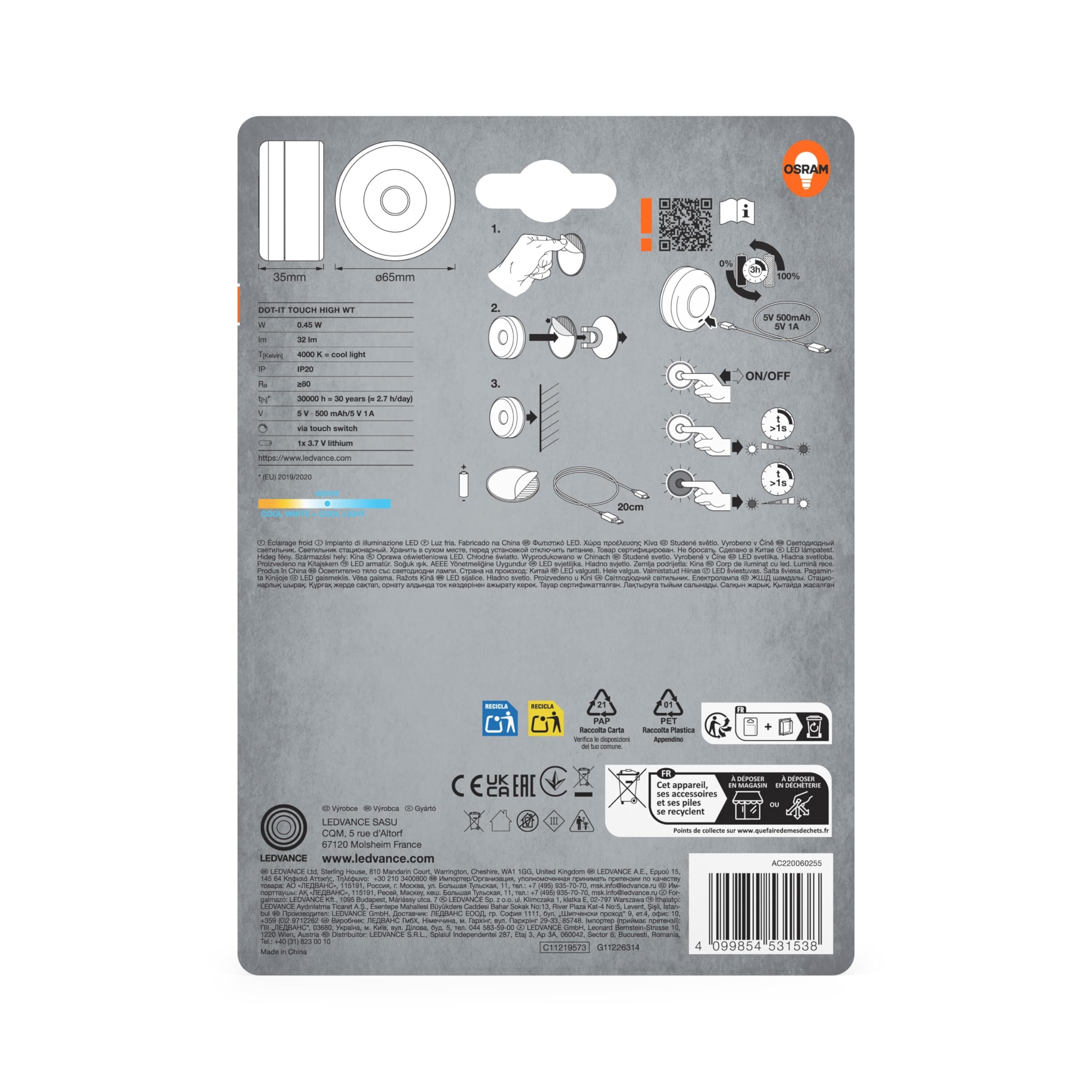 OSRAM DO-it Touch LED-Leuchte Akku USB dimmbar weiß