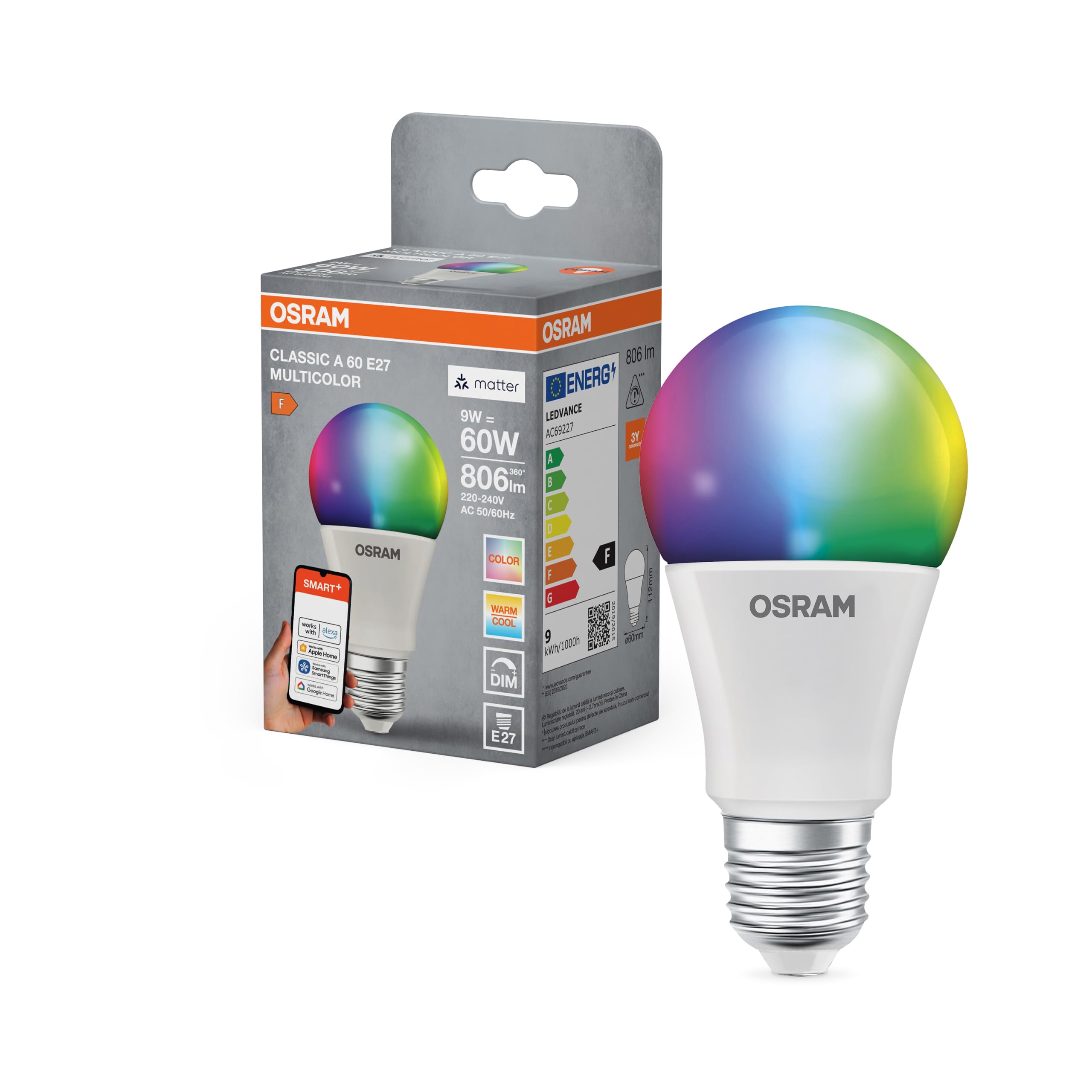 ams OSRAM SMART+ E27 RGBW Lampe Matter WiFi 60W 1er-Pack