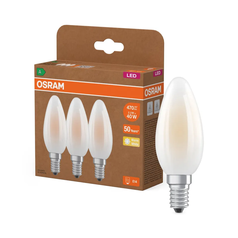 ams OSRAM LED E14 Kerze Matt 40W-Ersatz Warmweiß 3er-Pack