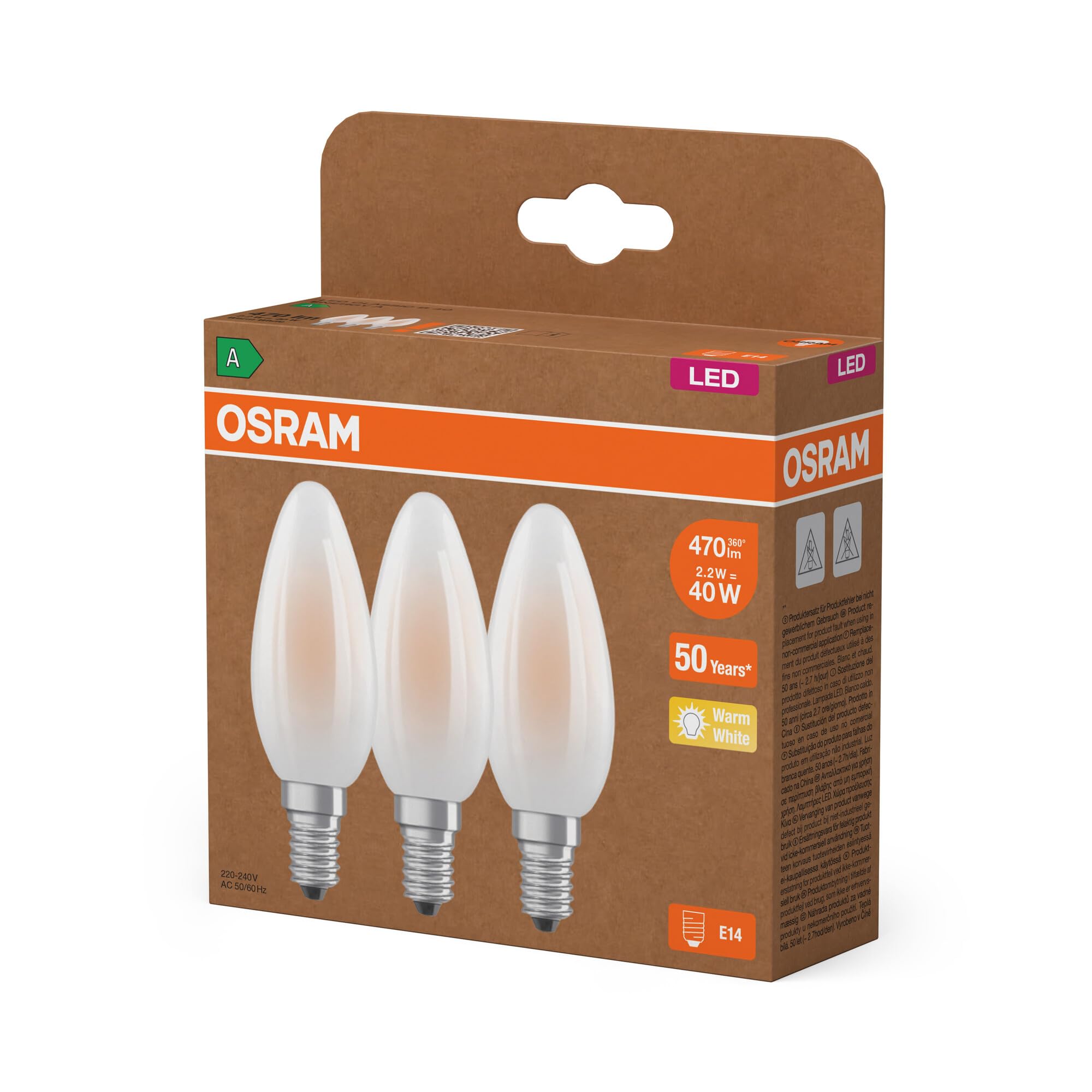 ams OSRAM LED E14 Kerze Matt 40W-Ersatz Warmweiß 3er-Pack
