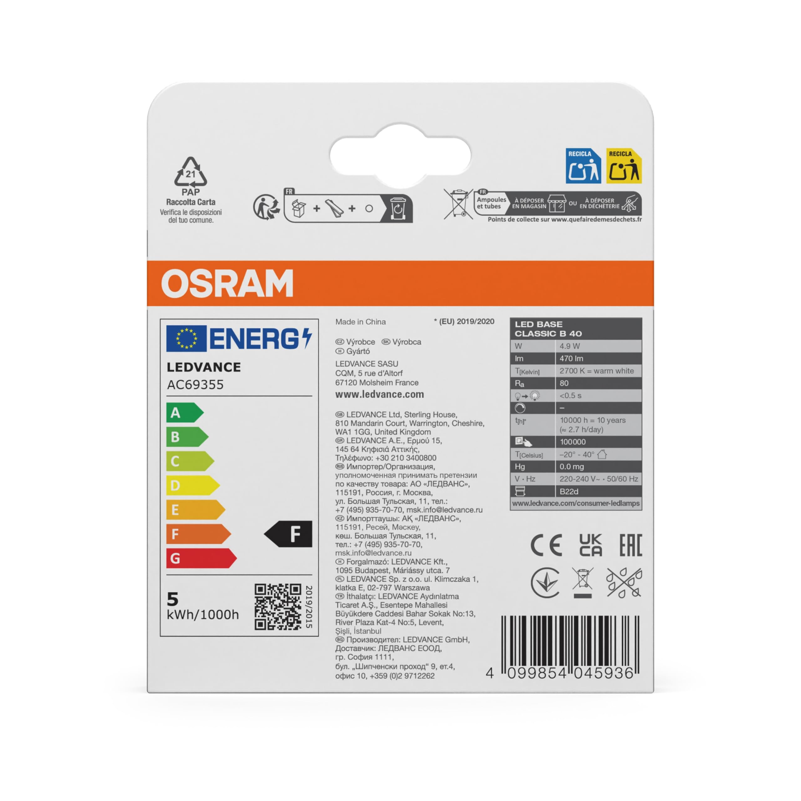 ams OSRAM BASE CLASSIC B LED-Lampe B22d 4,9W 3er-Pack warmweiß