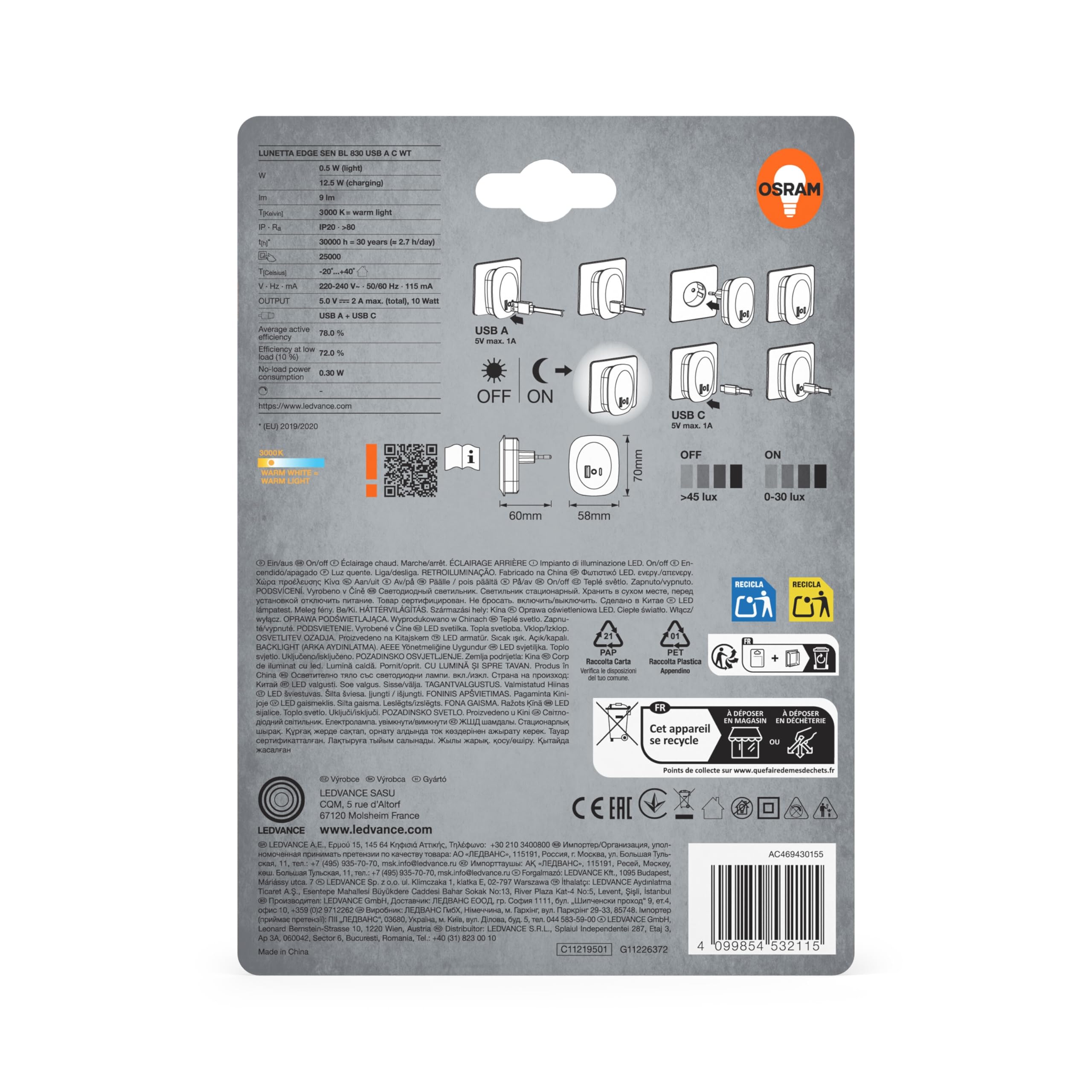 ams OSRAM Lunetta Edge Steckdosen-Nachtlicht weiß USB 3000K