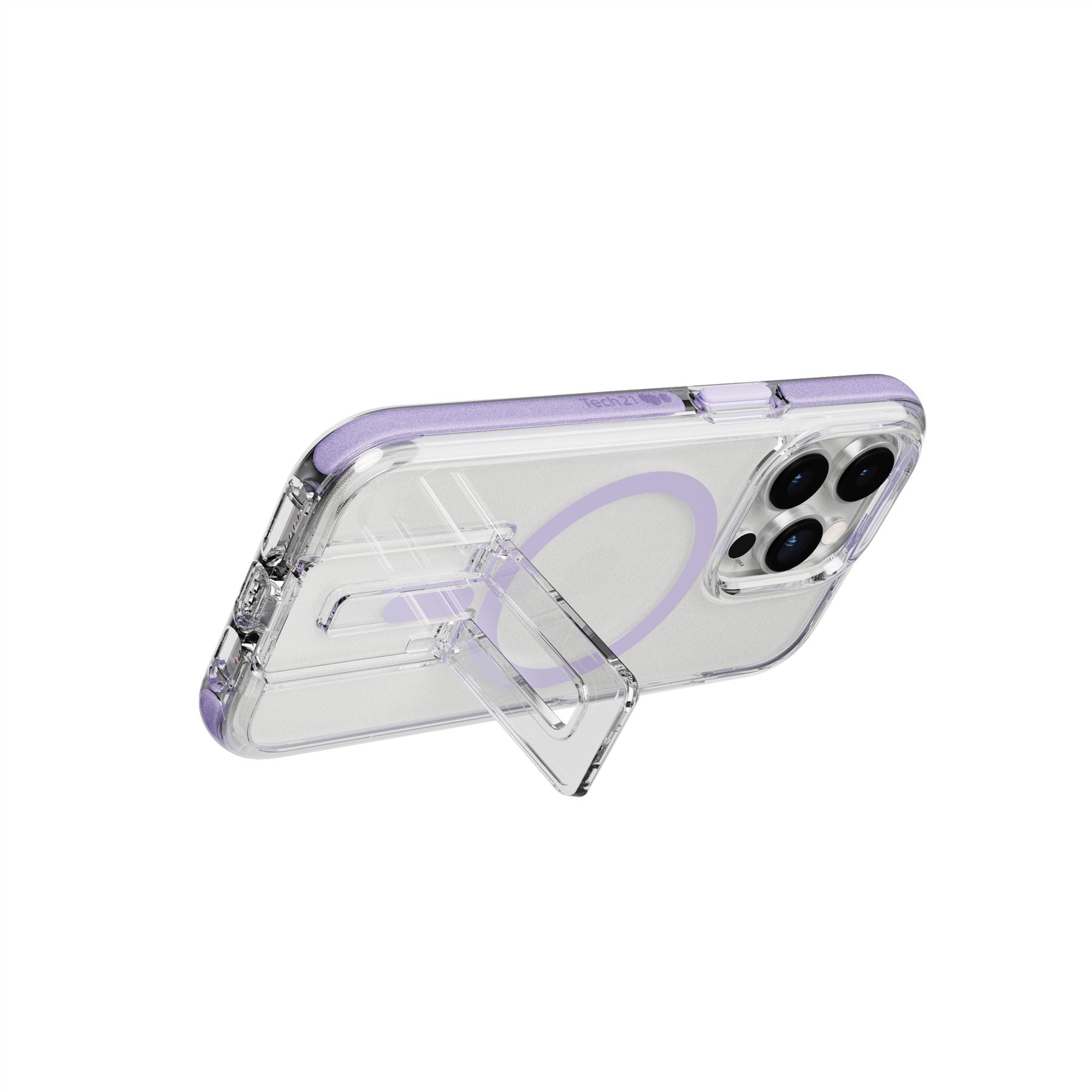Tech21 EvoCrystal Kick iPhone 14 Pro Hülle lila MagSafe Stand