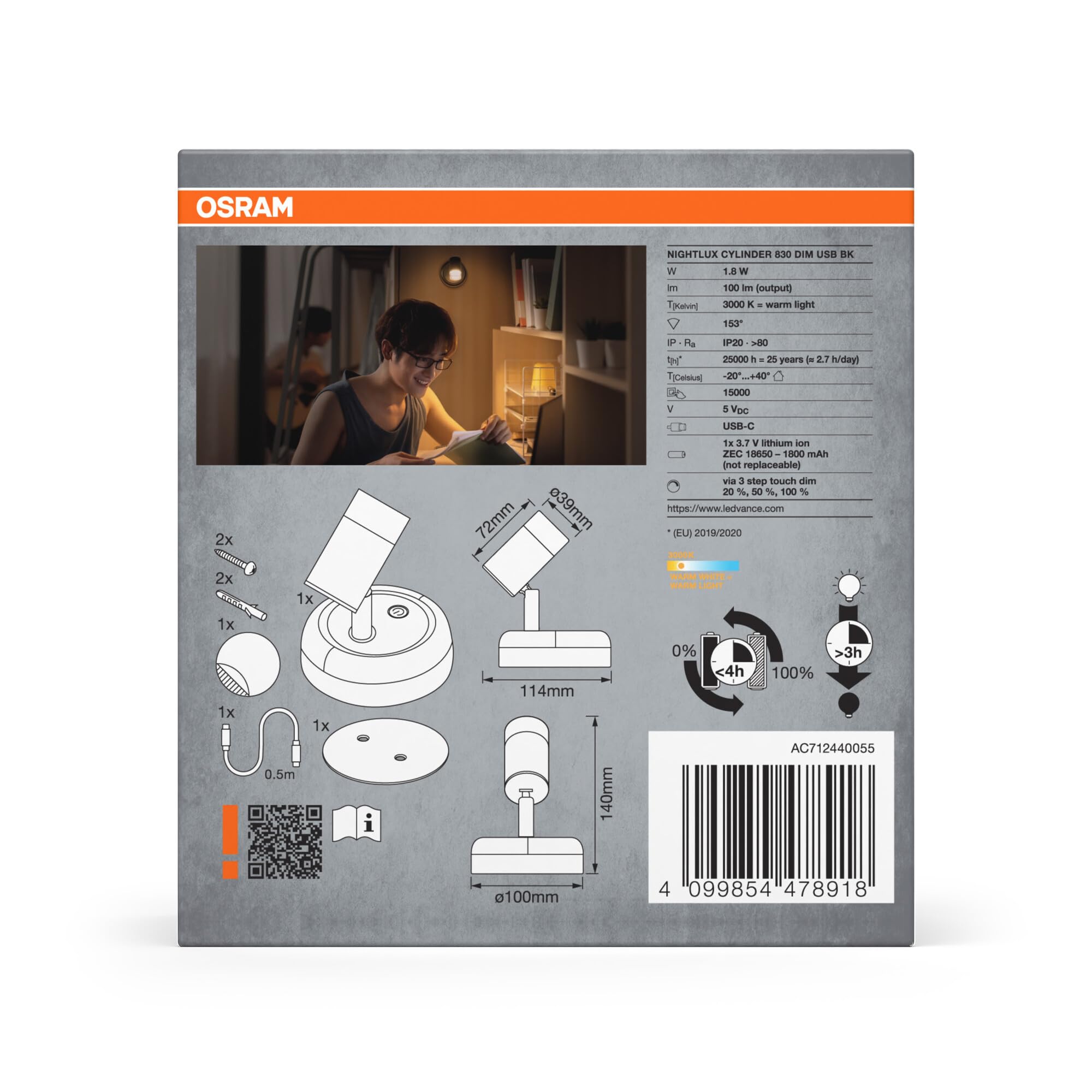 OSRAM SMART+ Nightlux Cylinder LED-Leuchte schwarz 3000K Akku