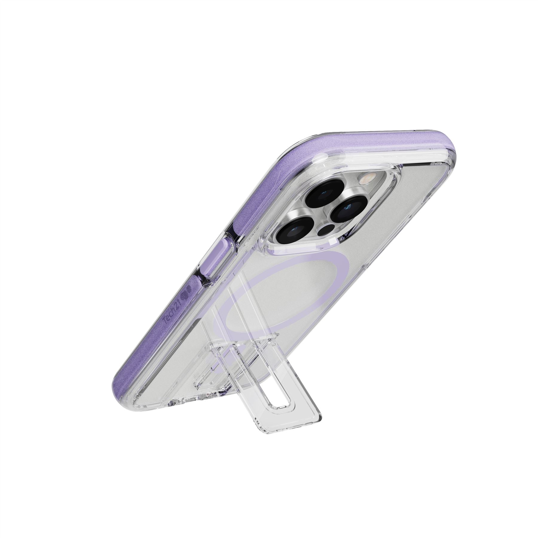 Tech21 EvoCrystal Kick iPhone 14 Pro Hülle lila MagSafe Stand