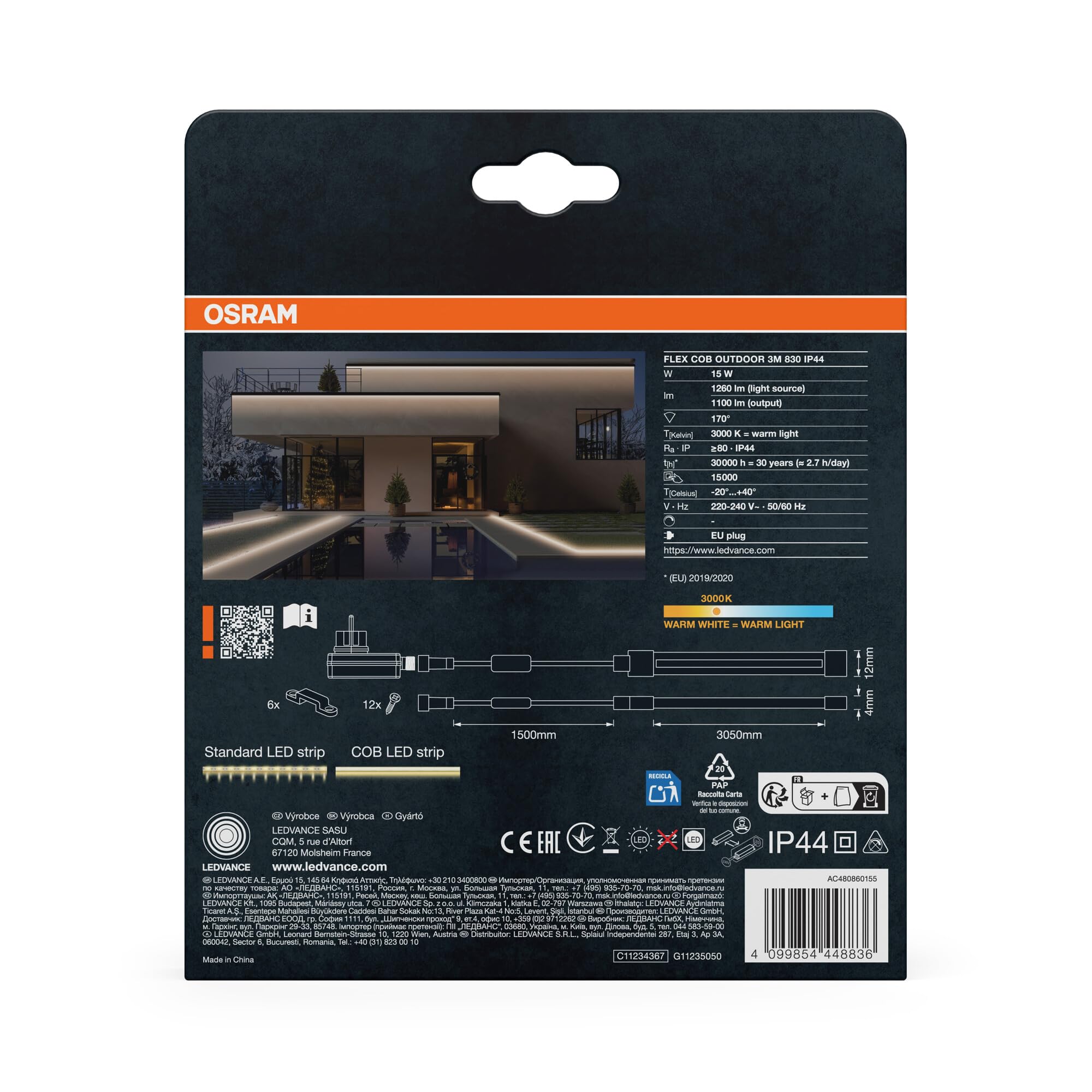 ams OSRAM Flex COB Outdoor LED-Streifen 3m warmweiß IP44