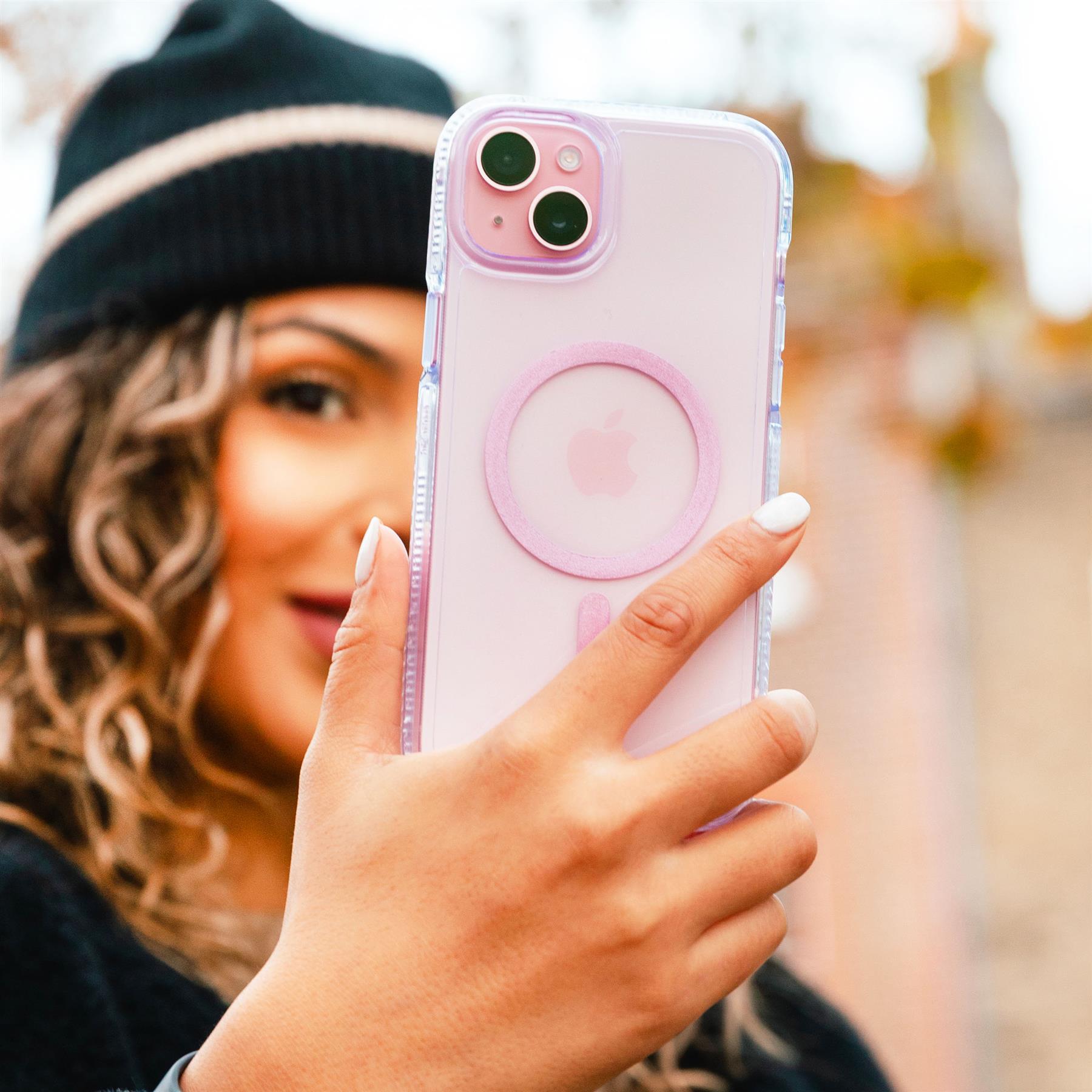 Tech21 FlexQuartz iPhone 15 Plus Hülle Pink MagSafe klar