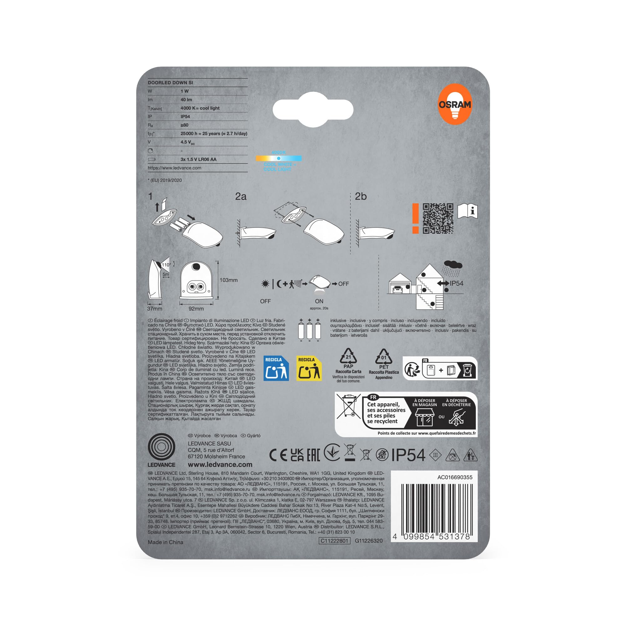 ams OSRAM Door LED Sensorleuchte silber IP54 Batterie
