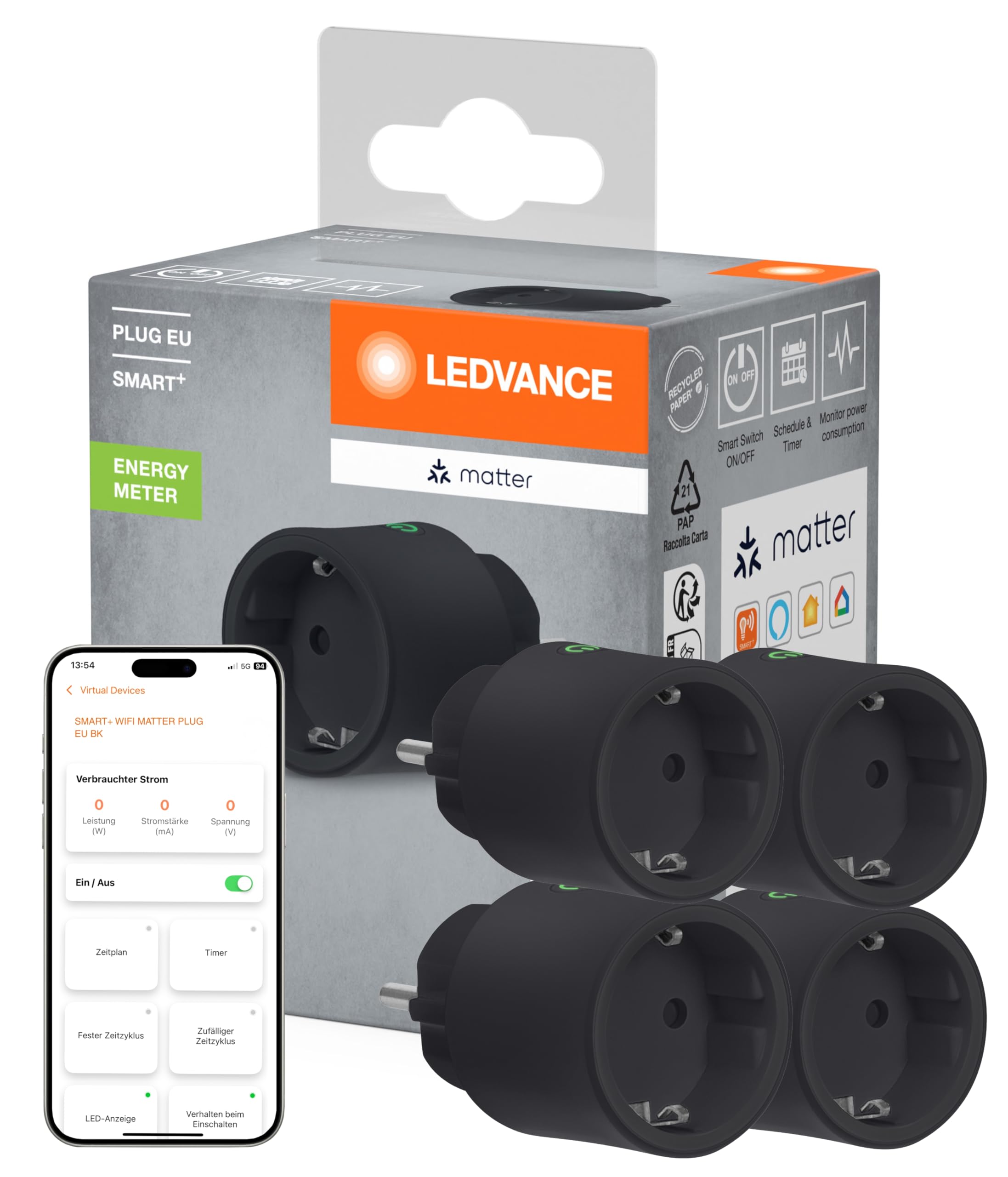 ams OSRAM SMART+ Indoor Plug Matter Steckdose Schwarz 4er-Pack