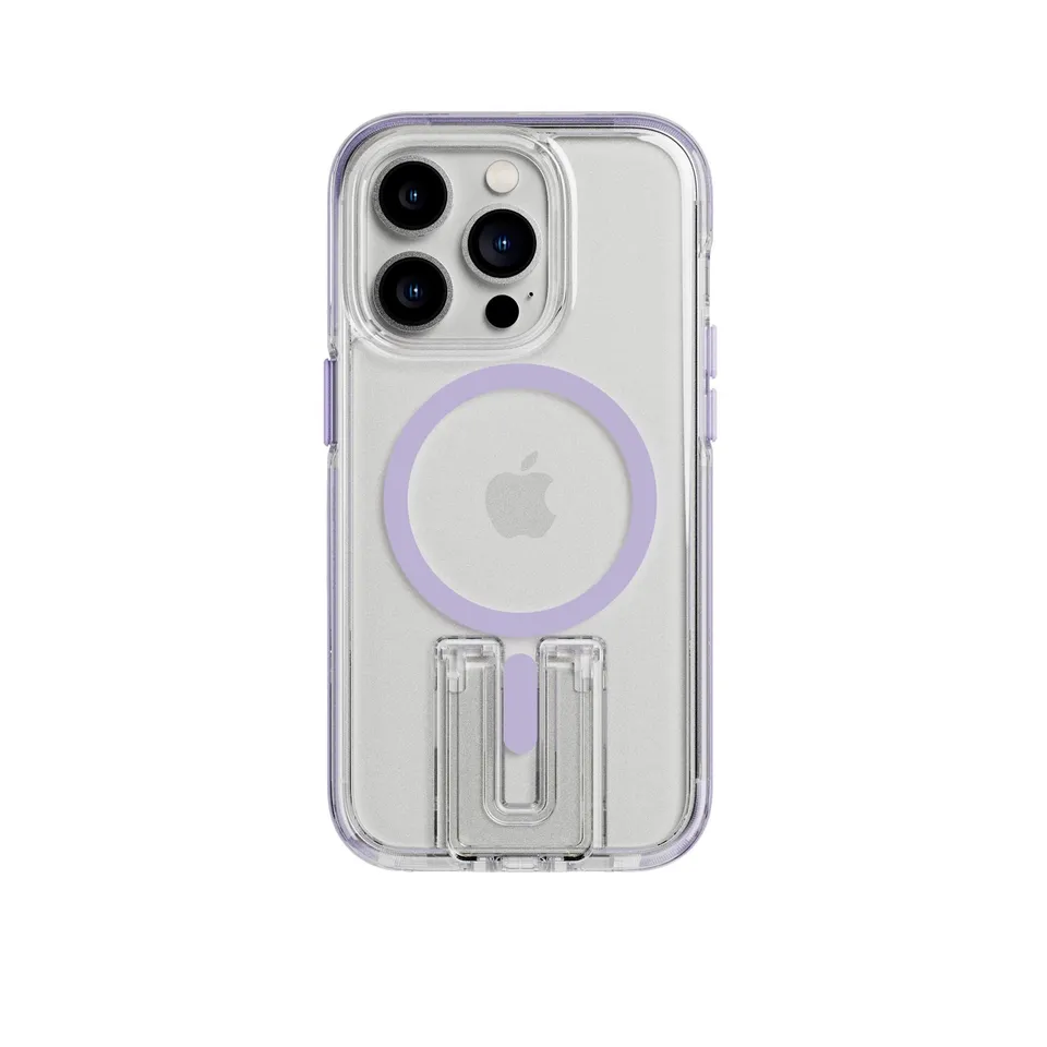 Tech21 EvoCrystal Kick iPhone 14 Pro Hülle lila MagSafe Stand