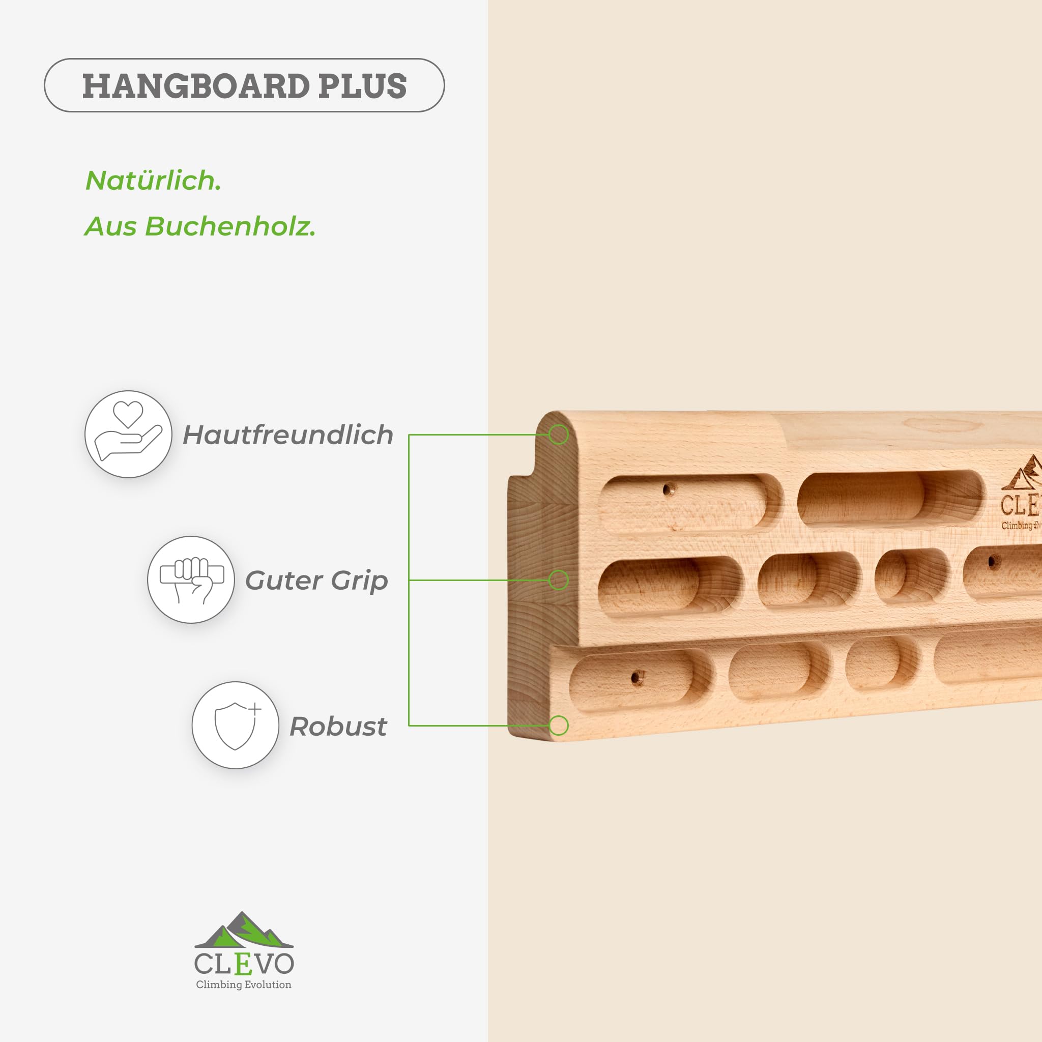 Clevo Hangboard Plus Kletterboard 60 cm Buchenholz