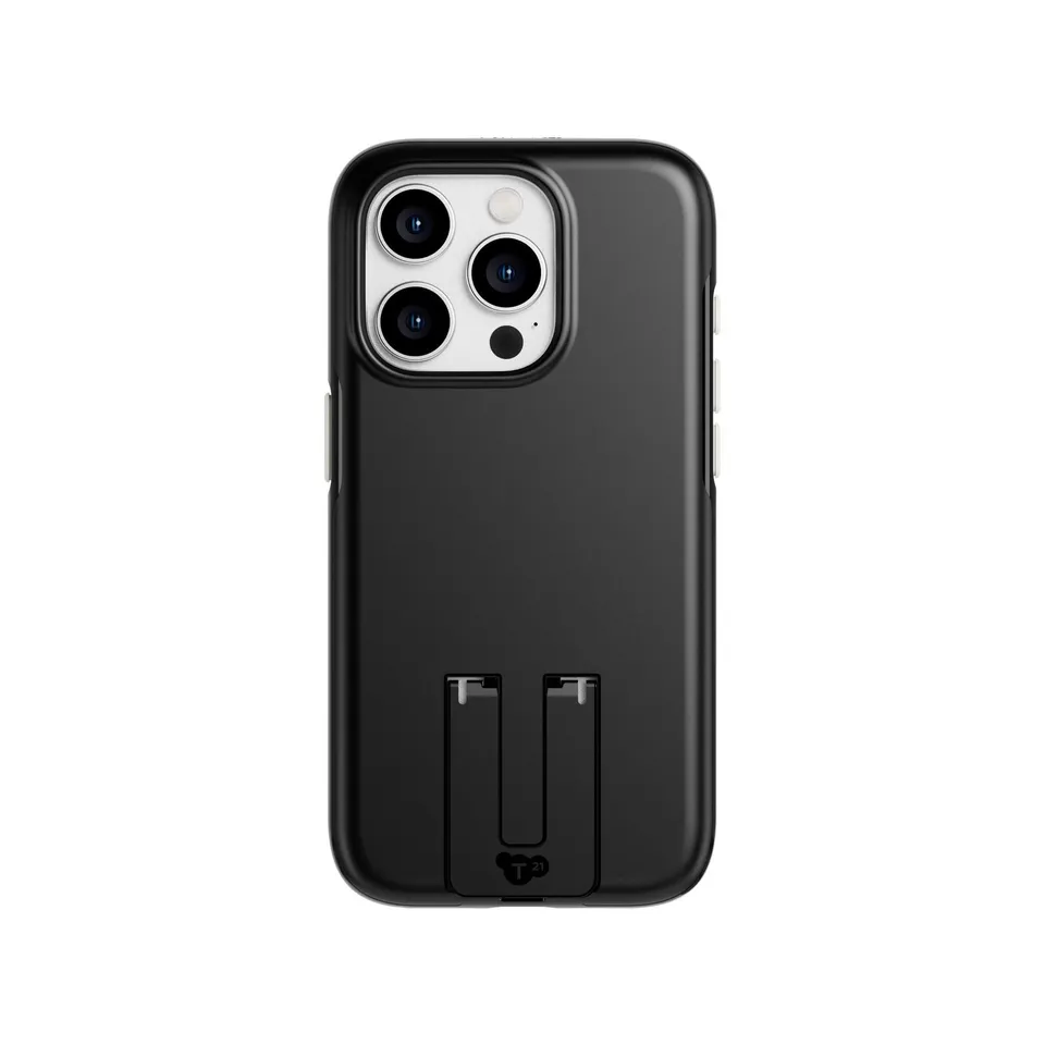 Tech21 EvoCrystal Kick iPhone 15 Pro Hülle Obsidian Black Ständer